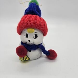 Vintage Christmas Poreclain Snowman Bell Ornament With Knit Outfit GIFTCO 1987